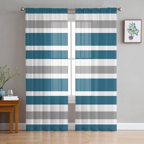 Luxury Tulle Curtains Blue Gray White Stripes Living Room Kitchen Chiffon Curtain Youth Bedroom Sheer Floor Valance Curtain