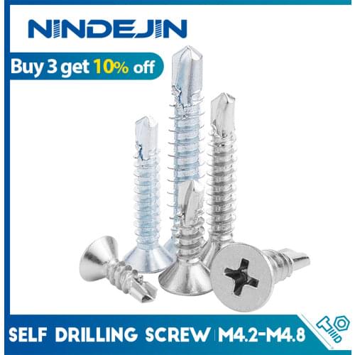 NINDEJIN 30pcs phillips flat head self drilling screw 410 stainelss steel zinc plated M4.2 M4.8 hardiflex screw for sheet metal