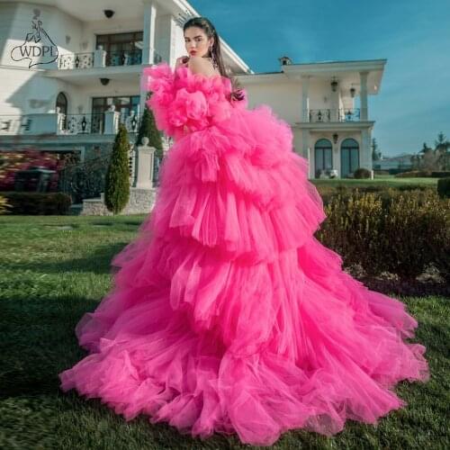 2021 Chic Tulle Prom Dresses Fuchsia High Low Ruffled Evening Gowns One Shoulder Long Sleeves Formal Party Dresses Custom Made