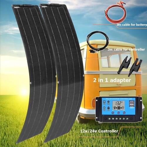 200w 100w 50w flexible solar panel 12v kit complete 20A battery charger controller extension cable for car 1000w fast shipping
