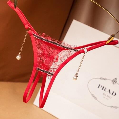 Hot Red G-String Seamless Panties For Women Solid Lace Briefs Sexy Lingerie Underwear Pearl Pendant Panties braguitas mujer 03