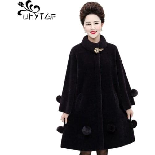 UHYTGF Warm Cashmere Winter Coat Womens Thicken Plus Size L-6XL Water velvet Woolen coat Female Elegant Wool jackets Women X685
