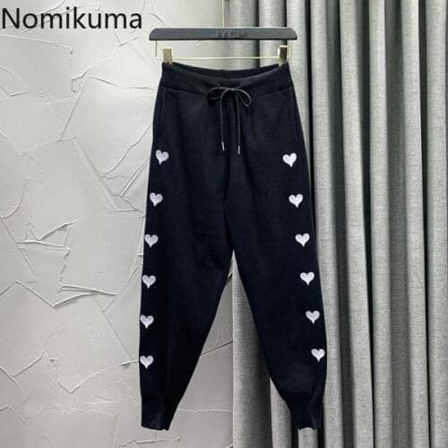 Nomikuma Knitted Harem Pants Korean Love Heart Embroidery Sweatpants Lace Up Stretch High Waist Sweater Trousers 2021 New 6G338