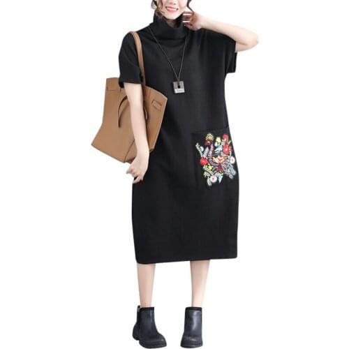 Women Spring Autumn Vintage Art Embroidery Bottom Dress Short Sleeve Femme Elegant Loose Plus Size Maxi Turtleneck Party Dresses