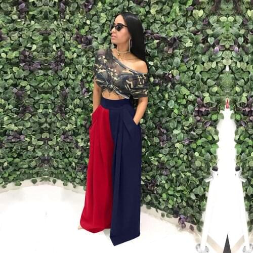 Color Block Patchwork Womens Bucket Long Pants Fall Fashion Streetwear Loose Wide Leg Flared Trousers Palazzo Pants with Pocket