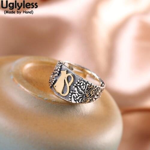 Uglyless Proud Sitting Miss Cat Rings for Women Thai Silver Creative Exotic Bumpy Open Rings Real 925 Silver Animals Jewelry