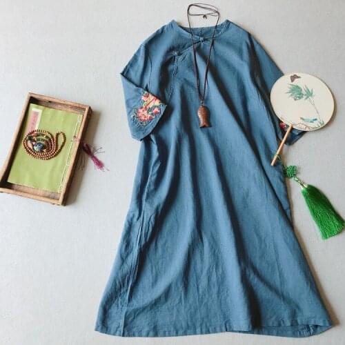 Embroidery 2021 Summer National Loose Cotton Linen O Neck Short Sleeve Loose Fashion Women Robe YoYiKamomo