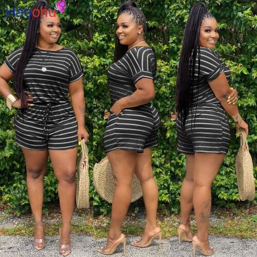 HAOOHU Striped Plus Size Two Piece Set Women Tracksuits Summer Outfits Crop Top Biker Shorts Sweat Suits Lounge Matching Sets