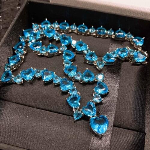 Luxury Jewelry Blue Heart Cubic Zircon Pendant Necklace 45+5cm S925 Silvery Chain For Womens Wedding Party Anniversary Gift