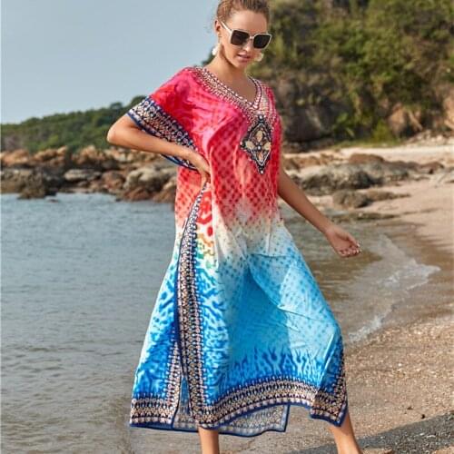 2020 Beach Coverups Swimwear Women Long Plus Size Swimsuit Cover Up Ladies Kaftan Trendy Salida De Praia Red And Blue Print Cape