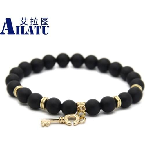 Ailatu 10pcs 8mm Real Matte Onyx Stone Beads Key Pendant Bracelets Fashion Jewelry Gift