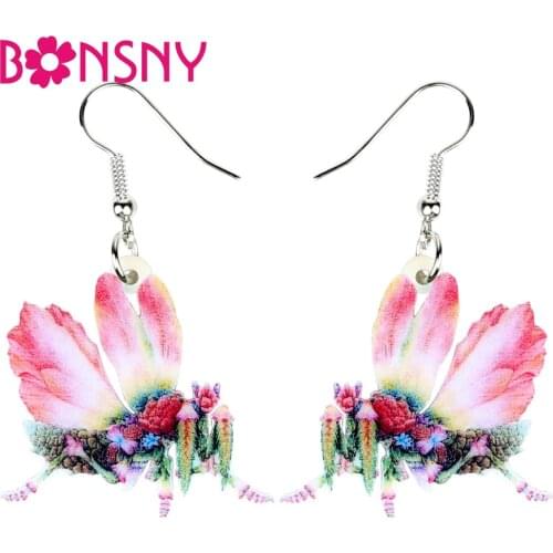 Bonsny Acrylic Floral Idolomantis Diabolica Mantis Earrings Drop Dangle Unique Insect Jewelry For Women Girls Teens Bijoux Gift