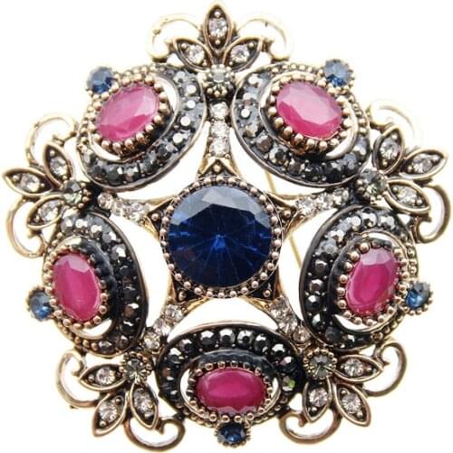 Antique Turkish Women Flower Brooch Pin Resin Retro Gold Color Hollow Round Star Brooches Broches Bridal Ethnic Jewelry Pins