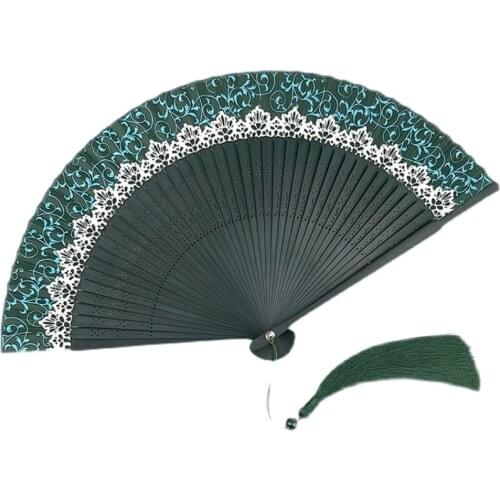 Archaic Folding Fan Womens 6-Inch Chinese Style Han Costume Cheongsam Green Female Fan Japanese Summer Portable Small Jump