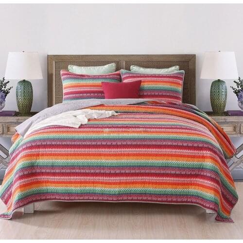 Rainbow Stripe Quilt Set 3PCS Bohemian Bedspreads for Bed Cotton Quilts with 2 Pillowcase Blanket Queen Size Blanket all Season