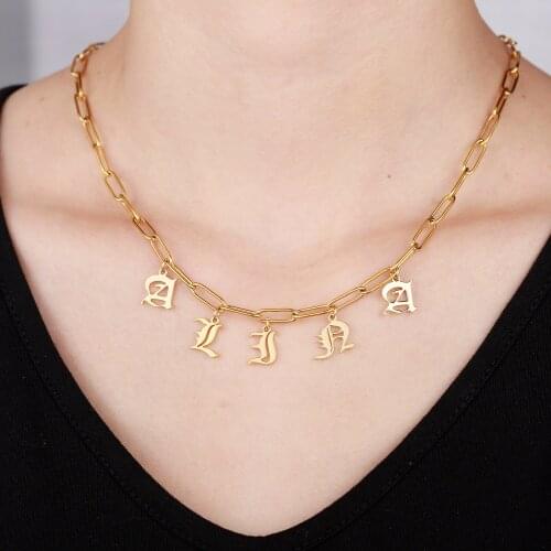 Personalized Initial Letter Choker Necklace With Old English Name Plate Customized 3mm Paper Clip Chain For Women Jewelry Gift