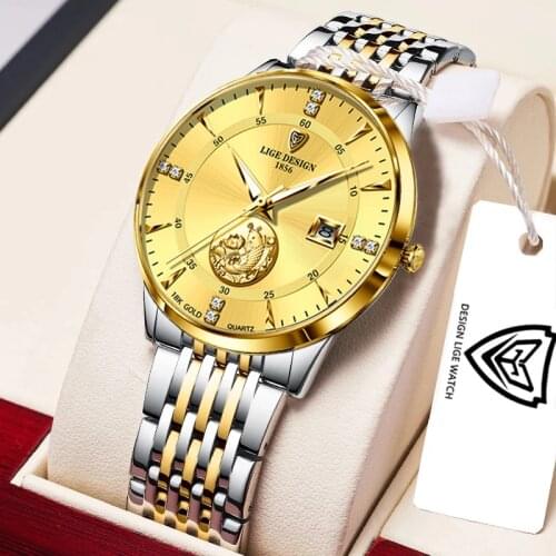 LIGE Mens Watches Business 24 Hour Date Waterproof Watches Fashion Stainless Steel Quartz Gold Watch For Men Relogio Masculino