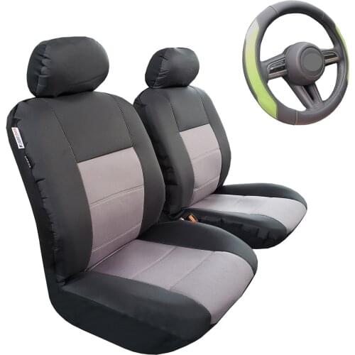 Grey Black Canvas Seat Covers Front Set & Reflective Steering Wheel Cover