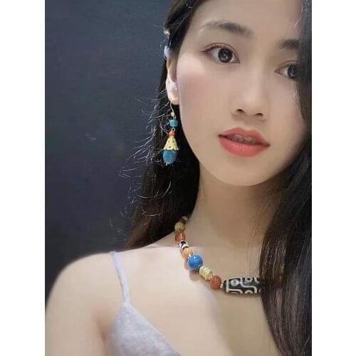 Precious rare beautiful natural ammonite coral jade blue red handmade gemstone necklace earring set ancienTibet Dzis 925 silver