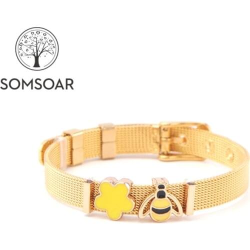 Drop shipping Somsoar Jewelry 8mm Width Gold Mesh Bracelet set with honeybee & Flower Slide DIY Charms AS Kids Child Bracelet