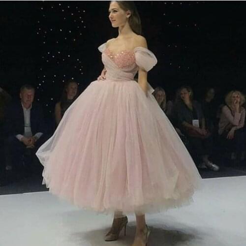 Pink Tulle Off the Shoulder Prom Dress Elegant Ankle Length Ball Gown Formal Dress Pearls Puffy Bow Princess Evening Party Gowns