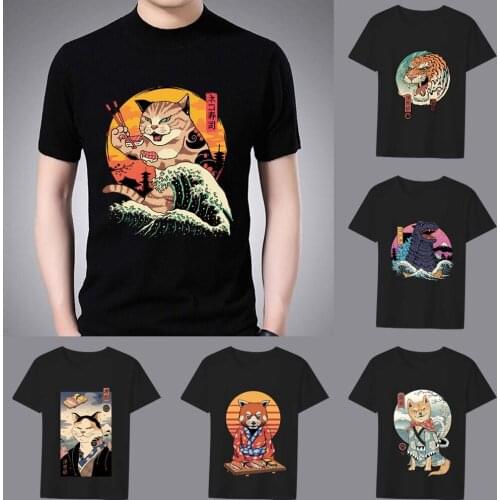 Mens T-shirt Basic Print Short Sleeve Anime Top Japanese Genki Cat Series Casual O-neck Youth Mens Commuter Comfortable Shirt