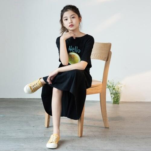 Teenage Girls Korean Long Black Tops Summer Lemon Print Cotton Casual Clothes 10 12 13 14 15 years old