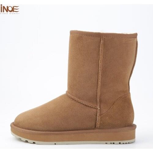 INOE Real Sheepskin Suede Leather Women Casual Winter Snow Boots Natural Sheep Wool Fur Lined Keep Warm Shoes Maroon Size 4-14