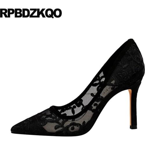 Lace Dress Black Party Shoes For Women Sandals Embroidered Pumps Embroidery High Heels Pointed Toe Flower Scarpin Mesh Stiletto