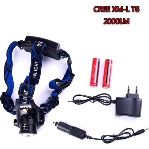 Led Headlight XM-L T6 LED 2000LM Headlamp Light Zoomable Lantern Camping Hunting Flashlight Torch With Battery and Charger
