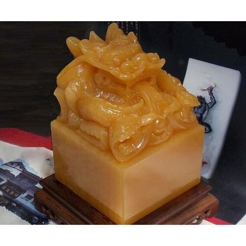 Extra large natural rice topaz Longpan Dragon jade seal living room office decoration