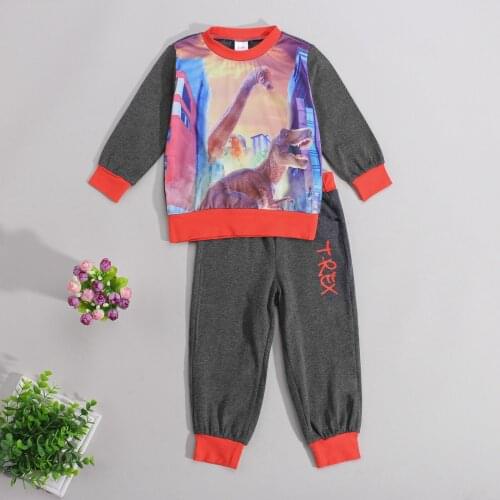 2021 Autumn Winter Baby BoysTwo-piece Set Tollder Boys Dinosaur Print Round Collar Pullover Tops and Long Pants 1-6Years