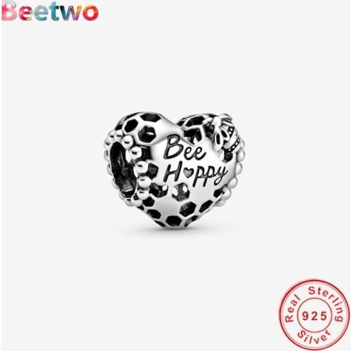 925 Sterling Silver Bee Happy Honeycomb Heart Charms Clear Charm Fit Original Charms Bracelet Bead Fashion Jewelry Berloque