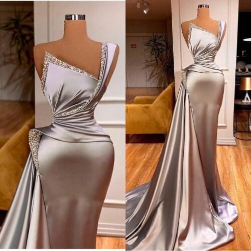 Silver Satin Mermaid Prom Dresses One Shoulder Beaded Plus Size Formal Evening Occasion Gowns 2021 Robe De Soirée