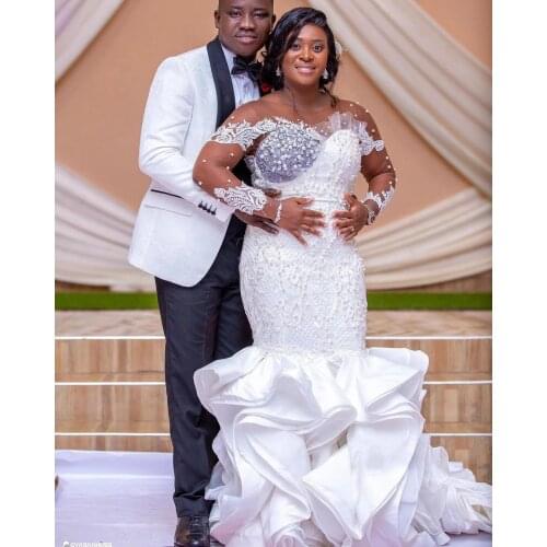 African Wedding Gowns Plus Size Long Sleeves Mermaid ruffles Puffy Satin Lace Bridal Party Dresses With Crystals