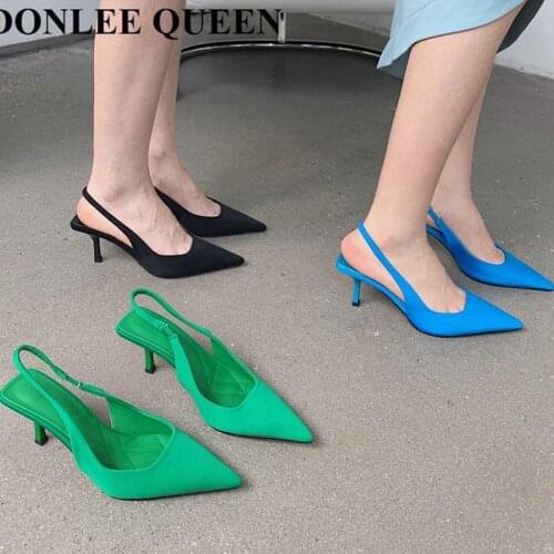 Fashion Thin High Heels Slingback Sandals Women Slip On Mules Pointed Toe Shallow Pumps Party Dress Shoes Brand Sandalias Mujer