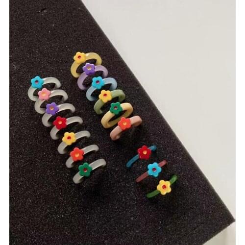 Funny Cute Colorful Acrylic Resin Cartoon Flower Ring Transparent Sweet Kids Rings Unadjustable Women Girls Party Jewelry Gifts