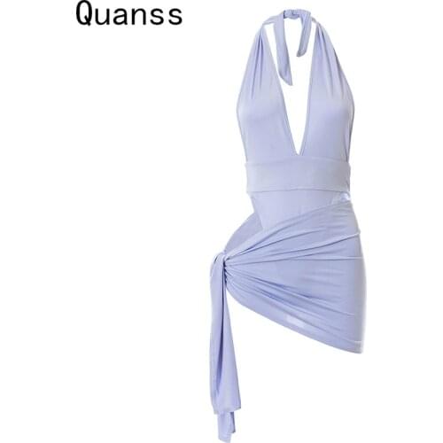 Quanss Summer Halter Backless V Neck Sexy Bodycon Bodysuit Women 2021 Solid Color Bandage Skirt And One Piece Top Club Outfits