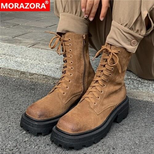 MORAZORA 2022 New Full Genuine Leather Boots Women Lace Up Thick Bottom Combat Boots Fashion Platform Ankle Boots Female Shoes