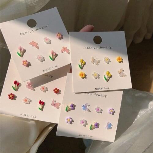 MENGJIQIAO Wholesale Korean Cute Colorful Flower Butterfly Stud Earrings For Women Girls Sweet Weekly Daliy Oorbellen Jewelry