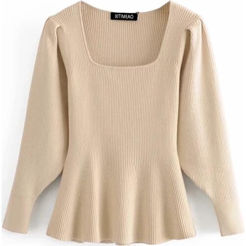 2020 ZA Women Cropped Pullovers Square Neck Long Sleeve Slim Jumper Knitted Sweater Fashion Korean Version A-line hem Tops Cloth
