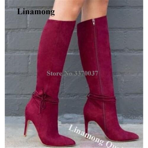 Linamong Women Elegant Pointed Toe Suede Leather Stiletto Heel Knee High Boots Ankle Straps Long High Heel Boots Dress Shoes