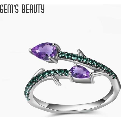 GEMS BEAUTY 925 Sterling Silver Adjustable Open Ring Natural amethyst Gemstone thorns Ring For Women
