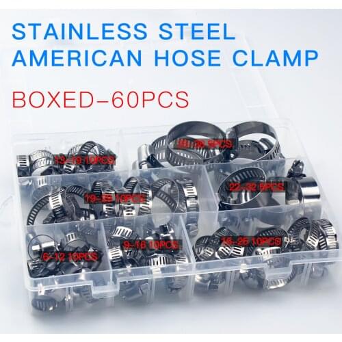 60PCS/Box Multi Size 8mm-38mm Stainless Steel Hoop Clamp Hose Clamp Stainless Steel Set automotive pipes clip Fixed tool