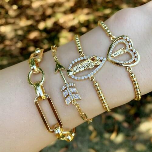 Gold Beads Chain Heart Virgin Mary Bracelets For Women Fish Bone Charm Bracelet CZ Religion Jewelry virgen de guadalupe brtc69