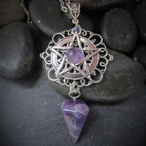 Purple crystal Pagan Necklace, Wicca Necklace, Pentacle Jewelry, Pagan, Wicca, Pentagram, White Purple or Green Witch Necklace