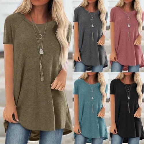 Womens Round Neck Short Sleeve Casual Top Casual Fashion Plus Size Round Neck Short Sleeve Long T-Shirt Wild Solid Color 08