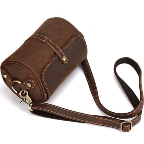 Crazy horse leather Men Single Shoulder Bags Messenger Purse Vintage Small Designer Male Cross Body Barrel-Shaped Bag