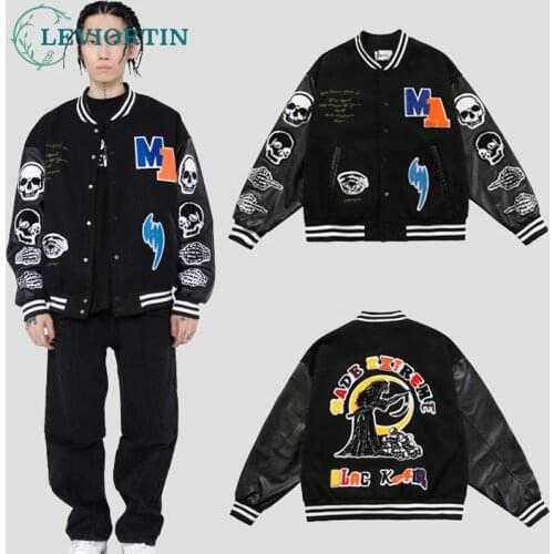 2021 Streetwear Men’s Baseball Coat Bomber Jacket Hip Hop Harajuku Armband Skull Letter Embroidery Cotton Outwear Jacket Unisex