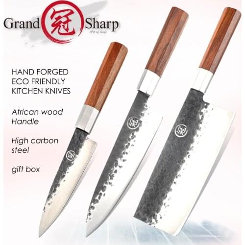 3Pcs Knife Set Handmade Kitchen Knives Chef Utility Cleaver Cooking Butcher Tools High Carbon Steel Slicing Chopping Gadgets NEW